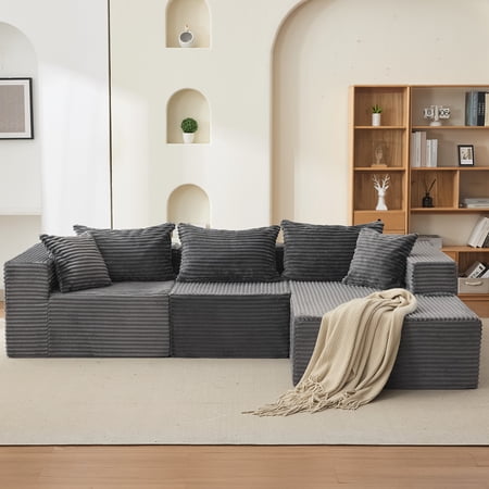 Deep Memory Foam Cloud Sectional Sofa – 3-Seat L-Shaped Couch, Oversized Right Facing Chaise, Upholstered, No Assembly, Modern Living Room Furniture – Dark Gray, Right Noble Concubine
