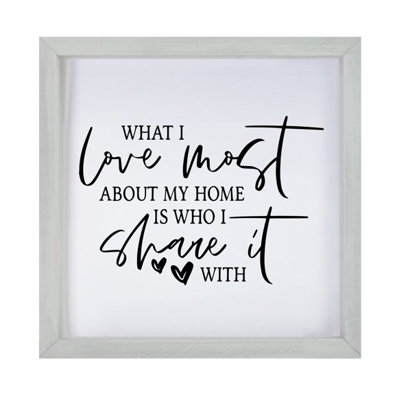 LifeSong Milestones 7x7 Modern Inspirational Framed Shadow Box for Wall Decoration - What I Love Most About My Home (Script) (Grey)