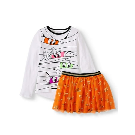 Halloween Graphic Long Sleeve Top & Tutu Skirt, 2-Piece Outfit Set (Little Girls, Big Girls & Girls Plus)