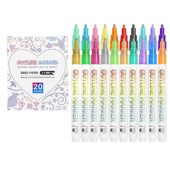 Tkrady 20Pcs Silver Outline Marker Set, New Glitter Gel Double Line Outline Pen Markers 20 Colorful Art Pens For Scrapbooking Writing Journal Drawing Coloring Greeting Cards 10ml
