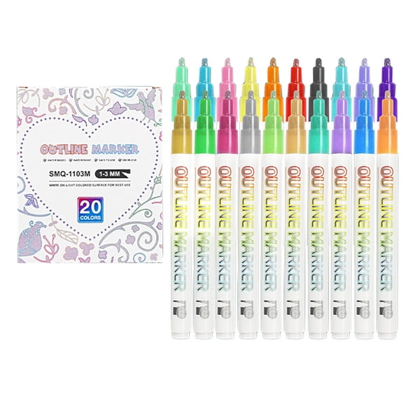 TIELUTT 20 Pcs Silver Outline Marker Set Glitter Gel Double Line Outline Pen Markers 20 Colorful Gel Ink Pens Medium Point Staples Pens Ink Pens Bulk Misprint Ink Pens Fine Point for Women Dip Pen In