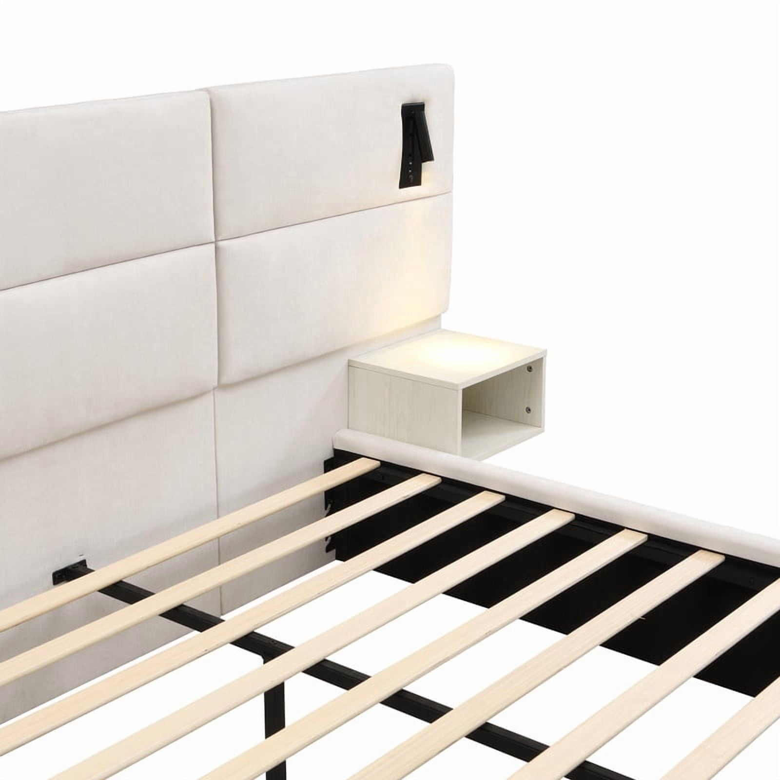 King Size Upholstered Bed Frame with 2 Reading Lights on Large Headboard, Storage Platform Bed Frame with 2 Open Shelves