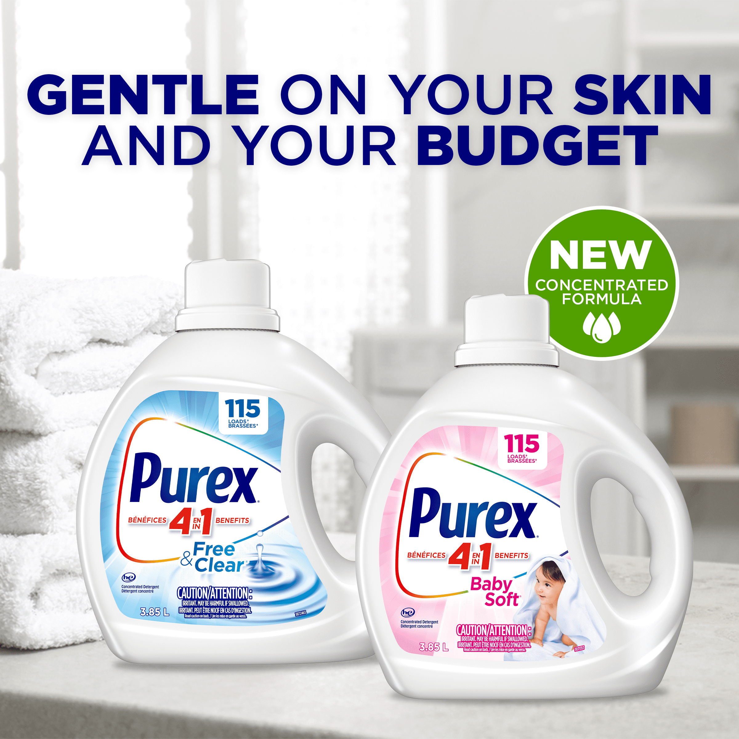 Détergent à lessive liquide hypoallergénique concentré, Purex Baby Soft, sans colorant, testé par des dermatologues pédiatriques, 1,17 L, 35 brassées, compatible avec les laveuses HE
