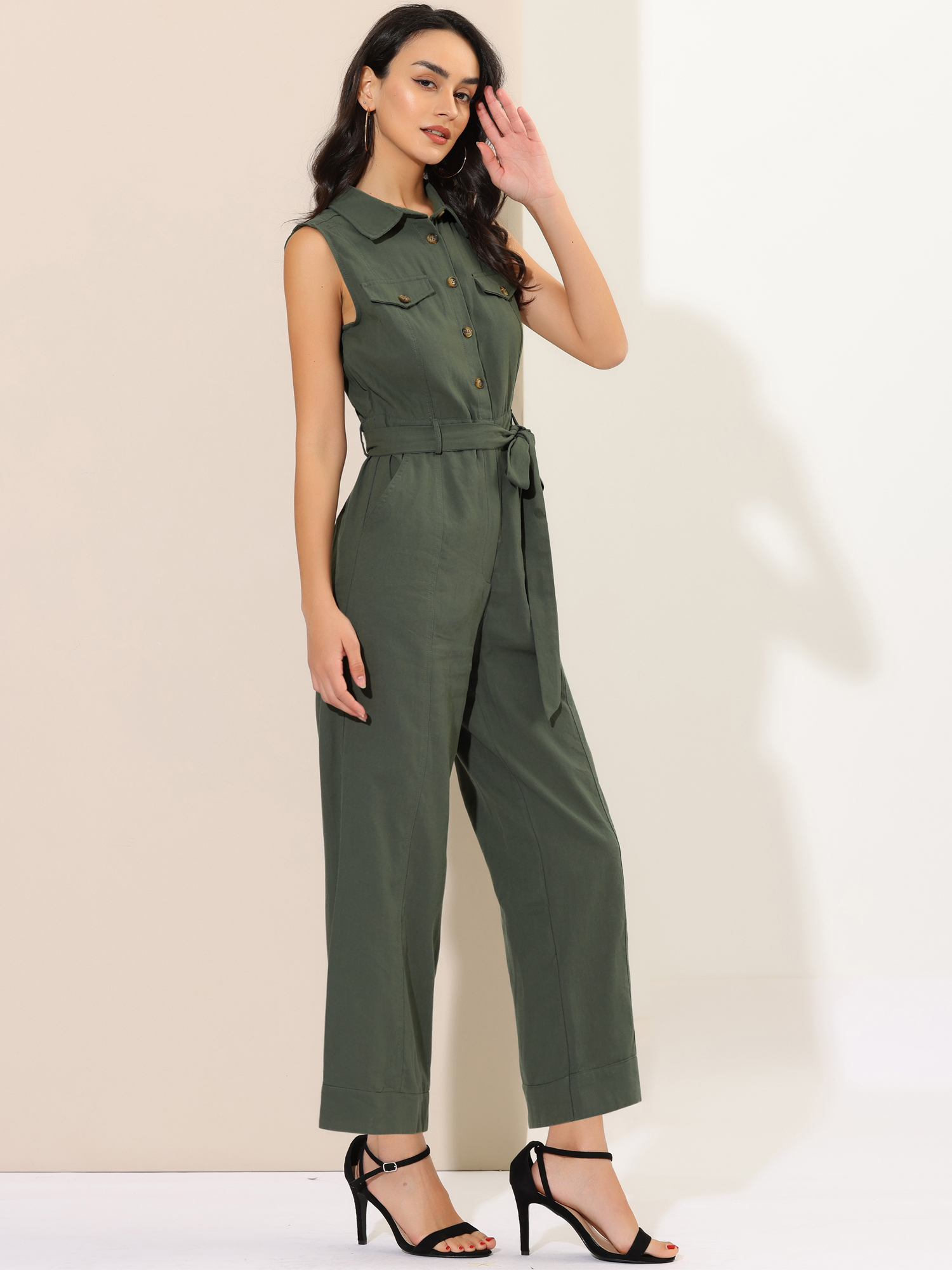 DARING DIVA Women's Wide Leg Jumpsuit Collared Tie Waist Coverall S Army Green