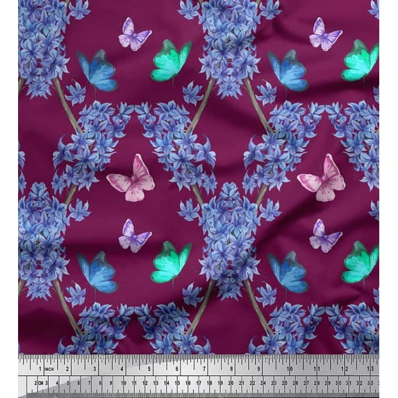 Soimoi Japan Crepe Satin Fabric Butterfly & Wildflower Floral Print Fabric by The Yard 42 Inch Wide