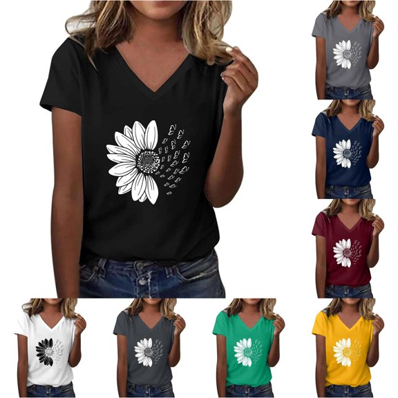 XIAONU Sunflower Butterfly Print T Shirt for Women Short Sleeve V Neck Daily Casual Tees