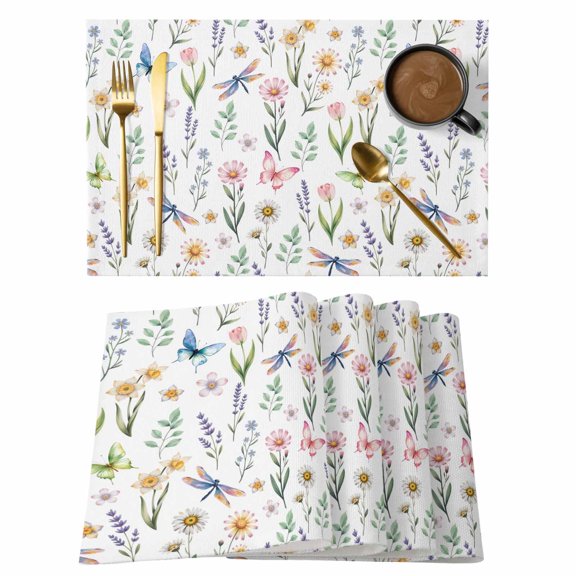 Spring Floral Placemats Set of 6, Elegant Pastoral Flowers Dragonfly Watercolor Placemats for Dining Table, Place Mats for Kitchen Tabletop, Waterproof Wipeable Dining Table Mats Set