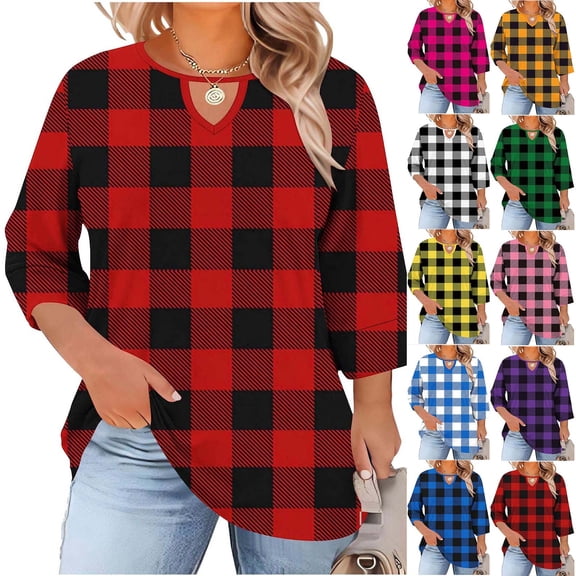 Fengqque Women's Plus Size 3/4 Sleeve Blouses Round Neck Chest Cutout Plaid Loose Summer Tees Yellow XL(XL)