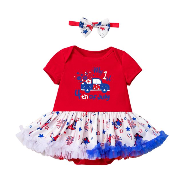 WERYOUNG Grenouillère Filles Garçons Été Décontractée Ensemble 2 Pcs 4 Juillet Imprimé Dessin Animé Volants Robe en Maille Bandeau Ensemble Confort École une-Pièces, Rouge, 12-18 Mois