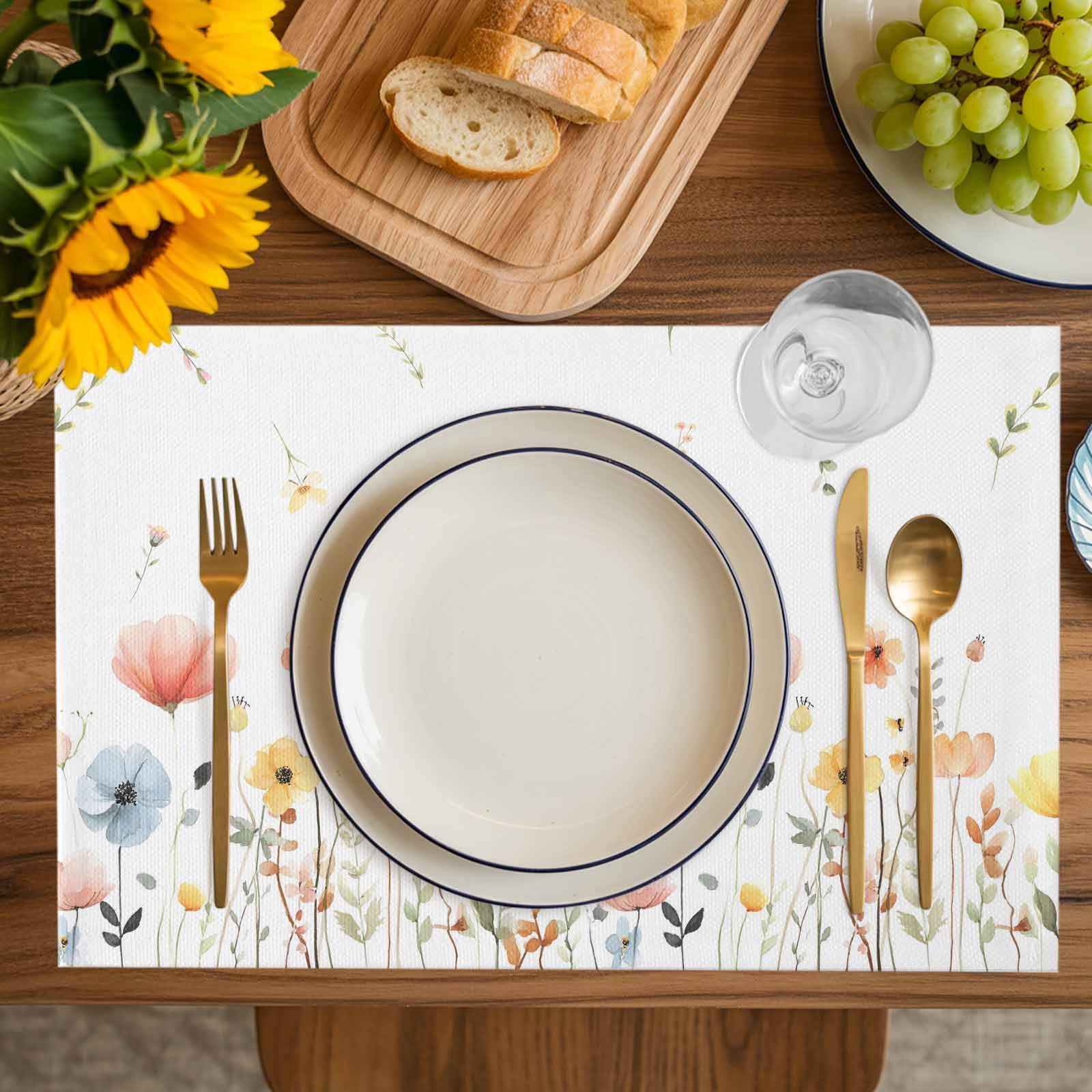 Spring Wildflowers Placemats Set of 4, Watercolor Rustic Flowers Floral Leaves Placemats for Dining Table, Place Mats for Kitchen Tabletop, Waterproof Wipeable Dining Table Mats Set