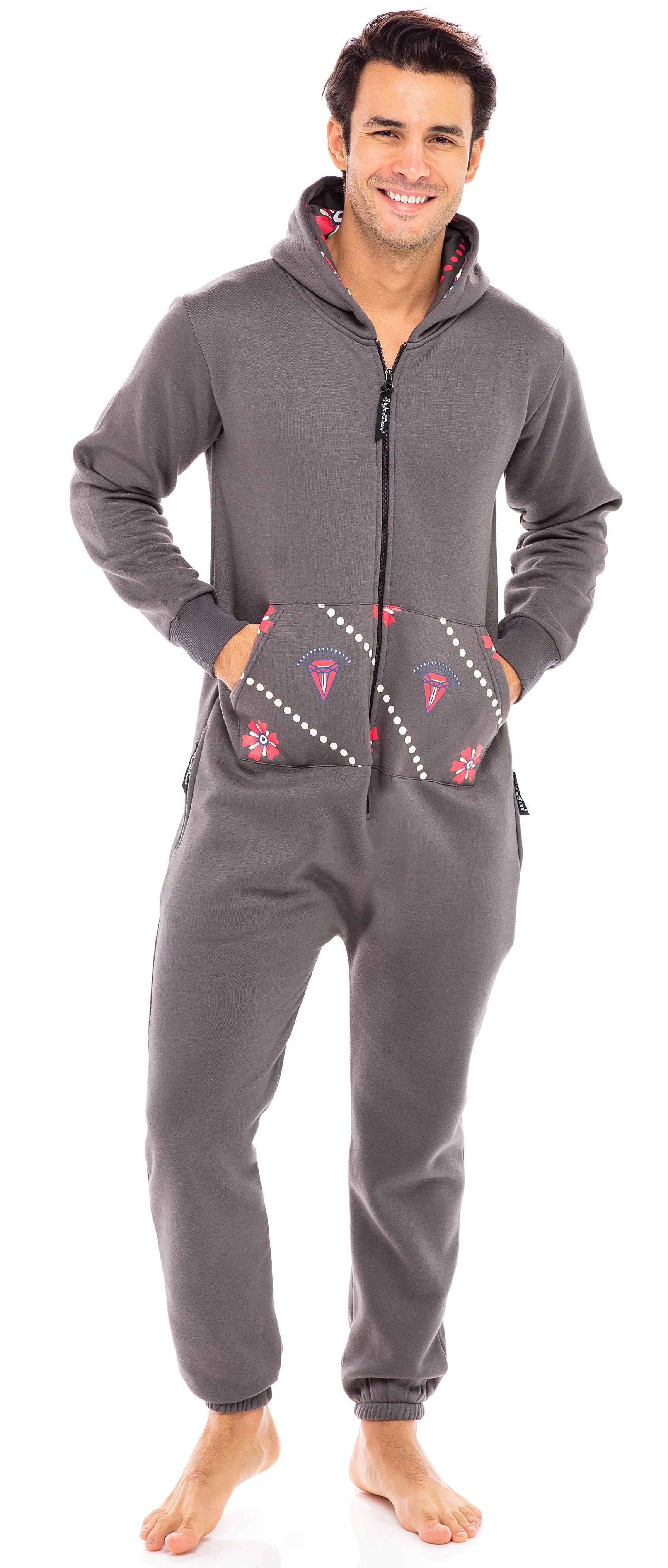Men’s Hooded Onesie – Adult Footless Jumpsuit Pajamas, 80% Cotton 20% Polyester, Solid Black