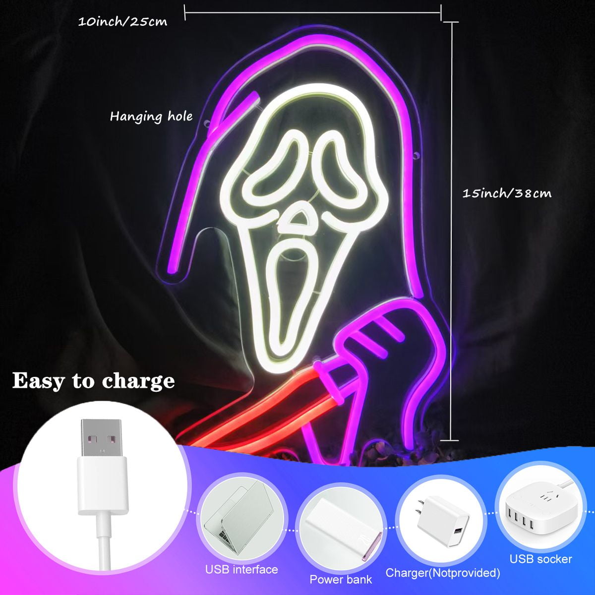 Ghost Face Neon Sign,Halloween Horror Skull Light up Sign for Bedroom Game Mancave Living Room Bar Party Gift