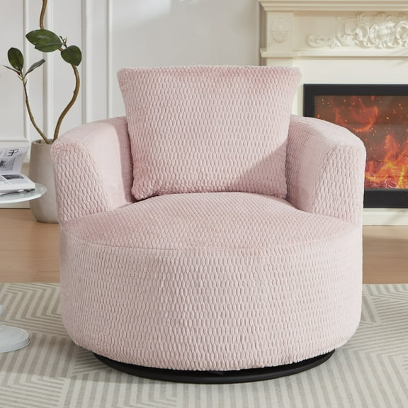 Aukfa Swivel Accent Chair - Modern Upholstered Faux Fur Arm Chair with Plump Back Pillow for Living Room,Office,Apartment,Pink