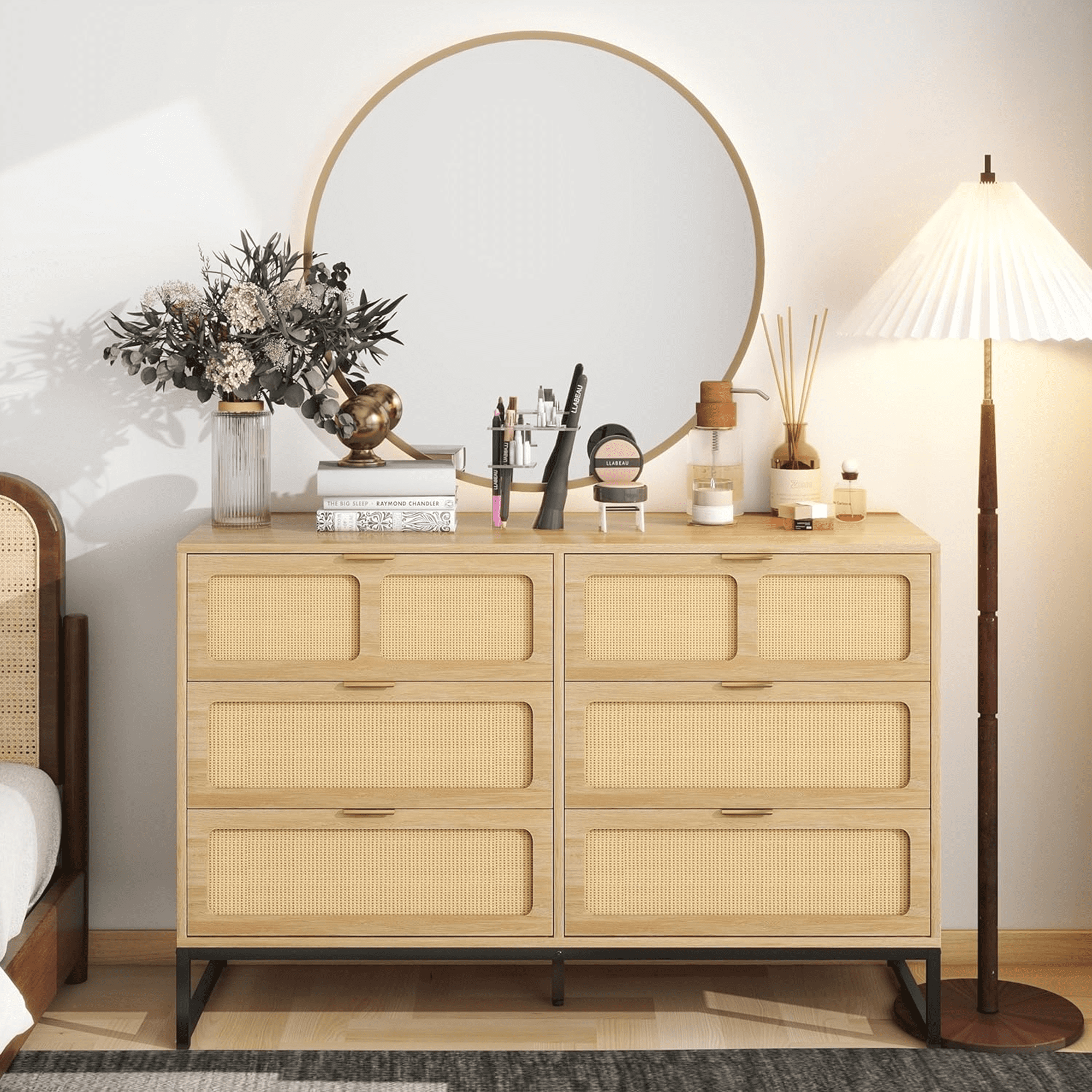 6 Drawer Double Dresser, Rattan Chest of Drawers, Wood Storage Chest for Bedroom Living Room