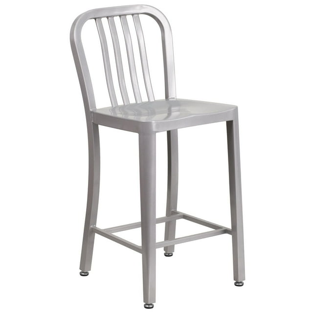 24'' High Blue Metal Indoor-Outdoor Counter Height Stool with Vertical Slat Back