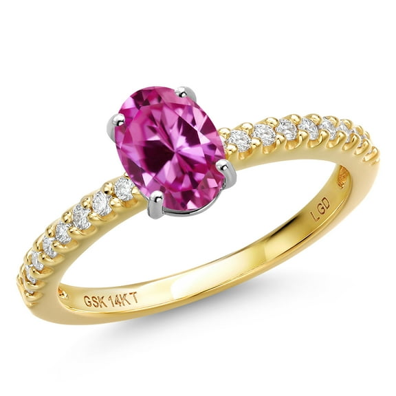 Gem Stone King 14K Two Tone Gold Pink Created Sapphire and Lab Grown Diamond Engagement Ring for Women | 1.06 Cttw | Oval 7X5MM | Gemstone September Birthstone | Size 9