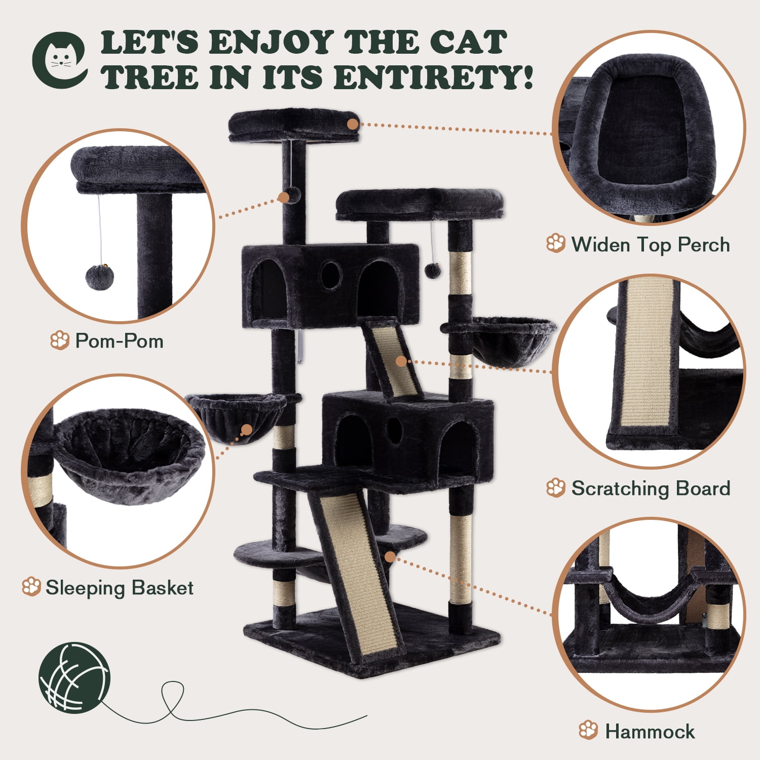 Amolife 65.7" Large Cat Tree and Tower Condo for Cats with 2 Scratching Boards, Hammock & Post, Dark Blue