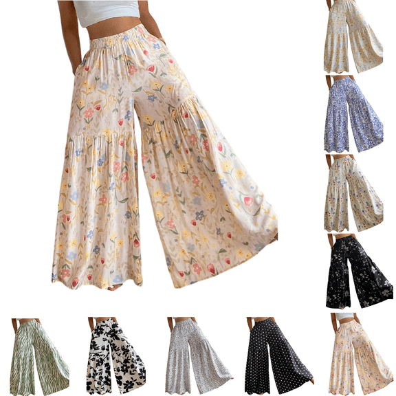 KDDYLITQ Flowy Pants for Women Petite Palazzo Floral Printed Loose Fit Trousers Summer Beach Wide Leg Elastic High Waisted Pants with Pockets Saffron M
