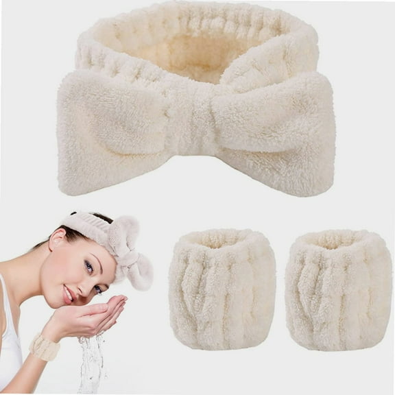 3 Pcs Spa Headband Wrist Washband Set Soft Elastic Spa Facial Makeup Headbands Washing Face Towel Wristbands Prevent Water Spilling Down Arms Spa Headband for Women Girls Shower (White)