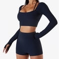 thumbnail image 2 of SWSMCLT Women's Long Sleeve Crop Top Quick Dry Halter Strappy Padded Gym Tshirt with Built-in Bra Yoga Shirt Ribbed Workout Cropped Top Navy 12, 2 of 3
