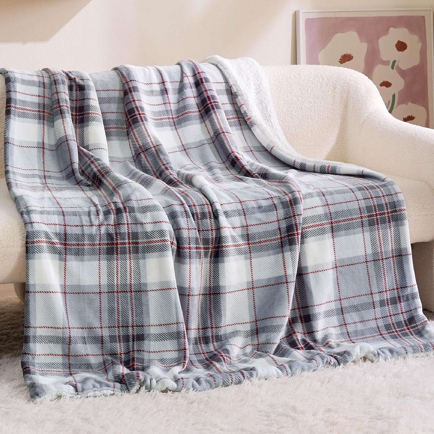 y Thick Warm Sherpa Blanket for Winter, Cozy Soft Grey Red 