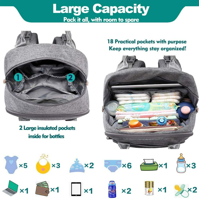 BabbleRoo Diaper Bag Backpack, Multifunction Large Bags with Changing Pad &  Stroller Straps & Pacifier Case, Unisex Stylish Travel Back Pack Nappy