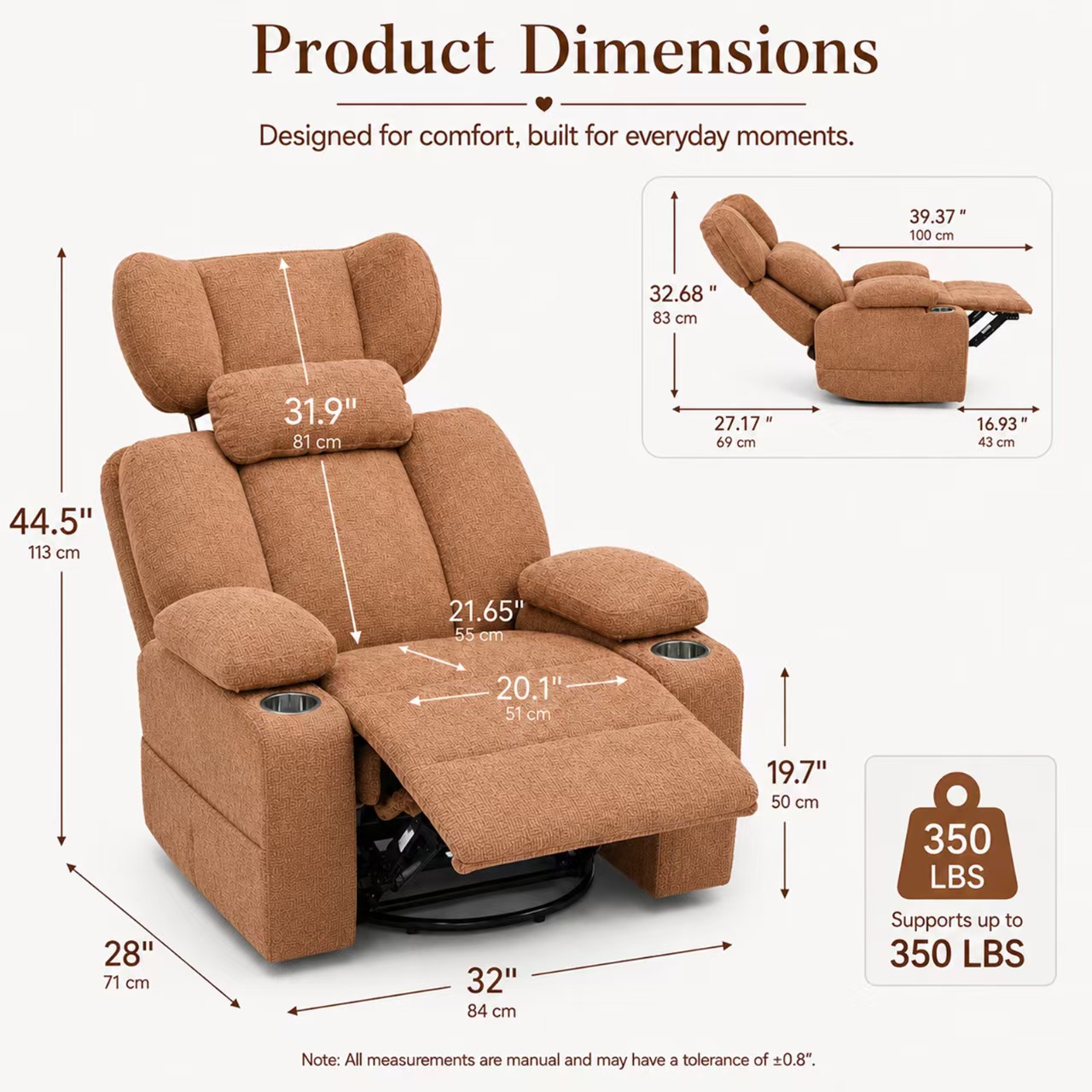 TiramisuBest Swivel Rocking Recliner Chair with Cup Holders,Big and Tall Manual Chenille Lounge Chair for Living Room,Orange