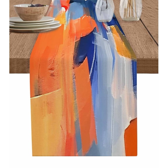 Ldtrchee Orange Blue Oil Painting Table Runner 36 Inches, Modern Abstract Geometric Bed Runner Dresser Scarves Tabletop for Indoor Outdoor Parties/Ceremony/Banquet, 13"x 36"