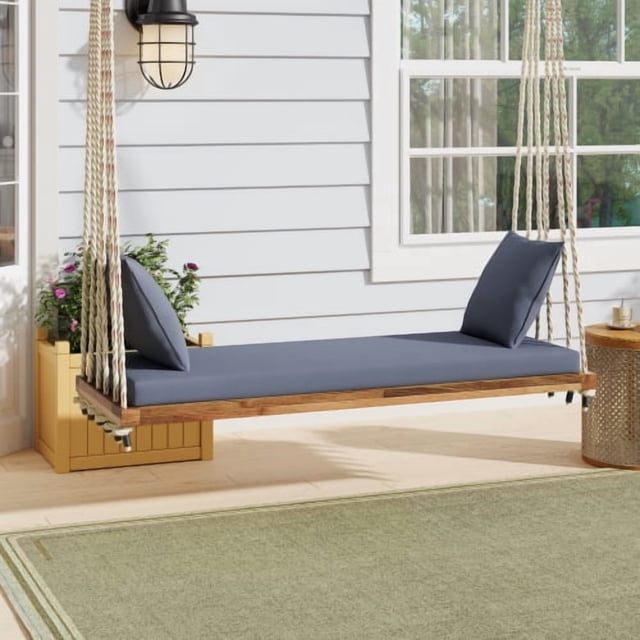 Silla de columpio de madera del patio, banco colgante del porche con cojines y almohadas, cuerdas de cáñamo de 10,8 pies para jardín, patio trasero