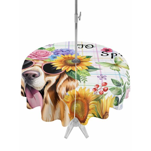 Outdoor Tablecloths with Umbrella Hole & Zipper, Spring Dog Round Tablecloth 54 Inch, Vintage Watercolor Botanical Floral Sunflower Waterproof Table Cloth, Patio/Pool/Picnic Table Covers