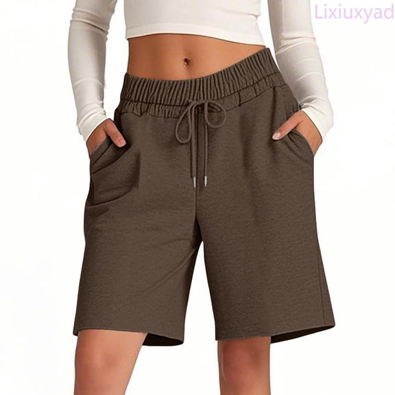Lixiuxyad Shorts for Women Women's Summer Solid Color Outdoor Athletic Shorts High Waist Elastic Drawstring 5 Inch Inseam Sport Shorts With Pockets Breathable Workout Running Shorts,Brown L
