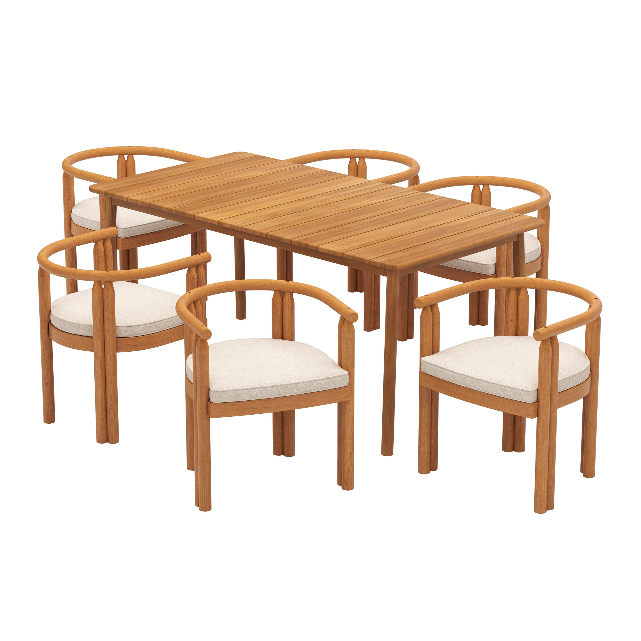 Christopher Knight Home 7-Piece Outdoor Dining Set, 67" Table with Armrest Chairs, Wood Frame, Teak+Beige