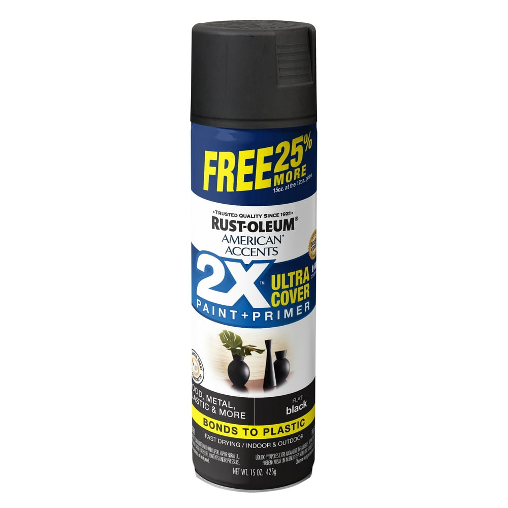 Black RustOleum American Accents 2X Ultra Cover Flat Spray Paint 25 More Bonus Can, 15 oz