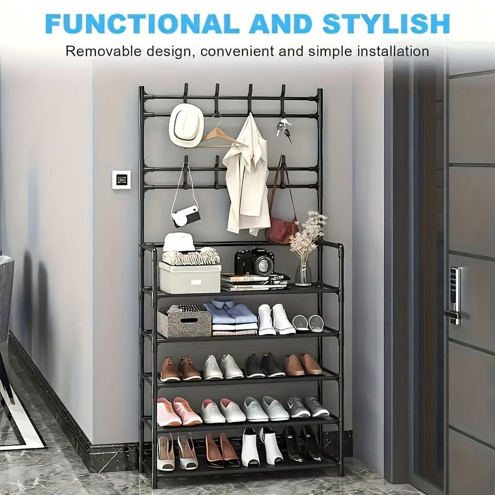 STORVIX 5-tier Multifunctional Metal Shoe Rack with 8 Double Hooks Shoes Storage