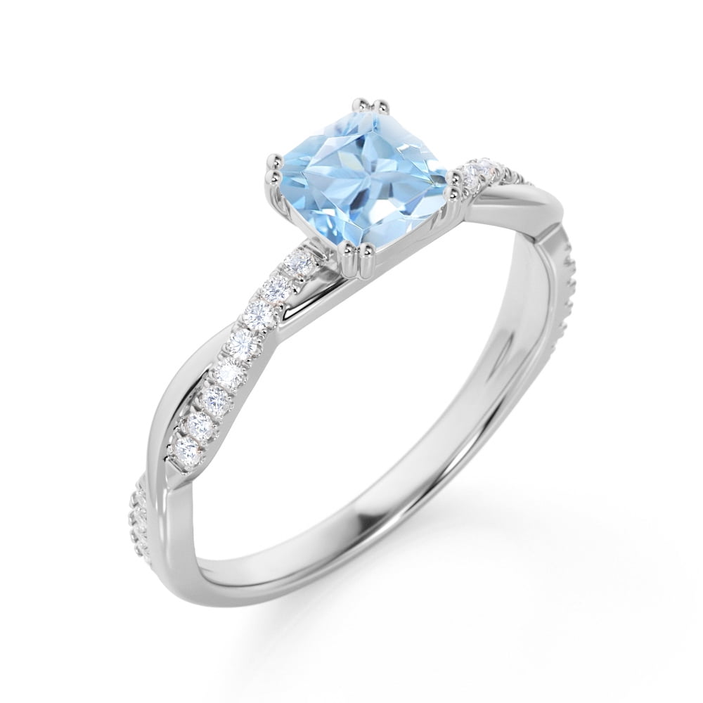 14K White Gold Aquamarine Wedding Band 3.50 CT Cushion Cut Aquamarine Engagement Ring For Women Aquamarine march Birthstone Ring For Her