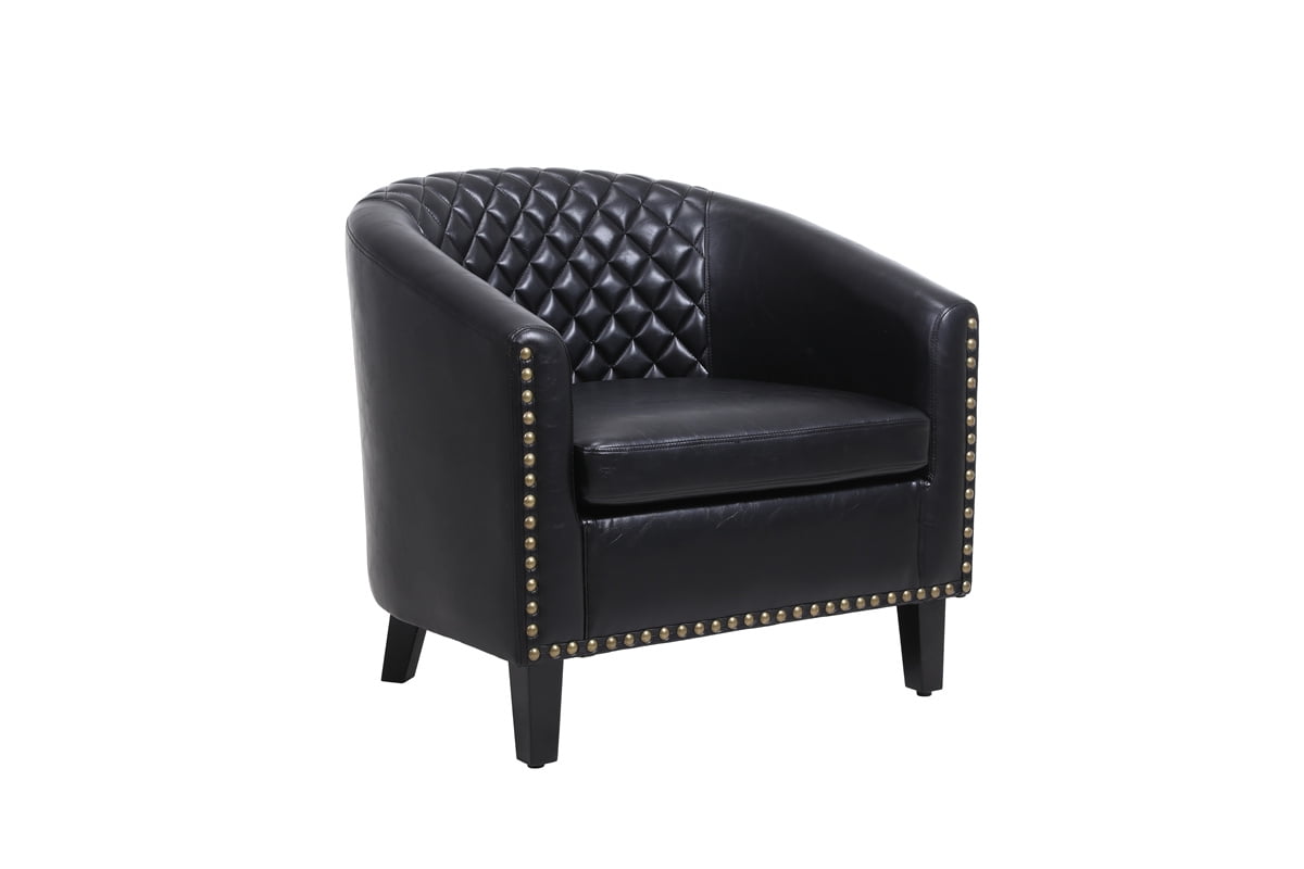 Modern Accent Barrel Chair Living Room Chair with Nailheads Trim and Solid Wood Legs,Upholstered PU Leather Armchair Mid-Century Leisure Lounge Chair Single Sofa Chair for Living Room Office,Black