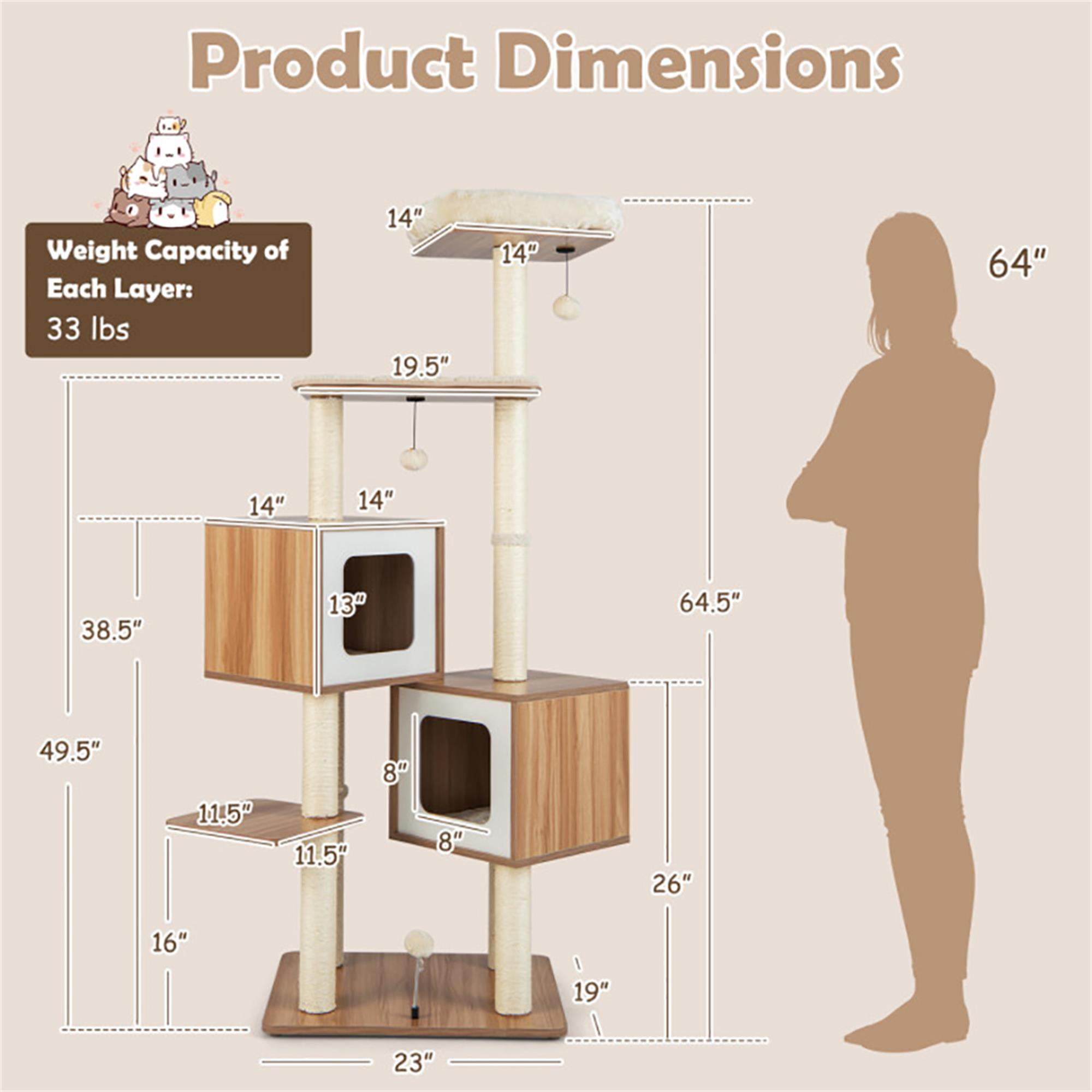 Kadyn 64" Large Wooden Cat Tree Tower with Double Condos, Large Perch and Totally Wrapped Sisal Posts, Modern Cat Tree House, Beige