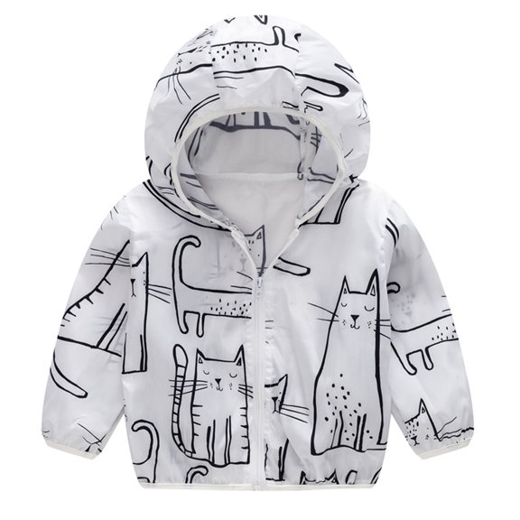 Xfvqtps Kids Children Light Jacket Sun Protection Hoodie Zip up Long Sleeve Cat Print Lightweight Foldable Compressible Summer Thin Tops for Camping Hiking Cycling Running 1-8Y White-01