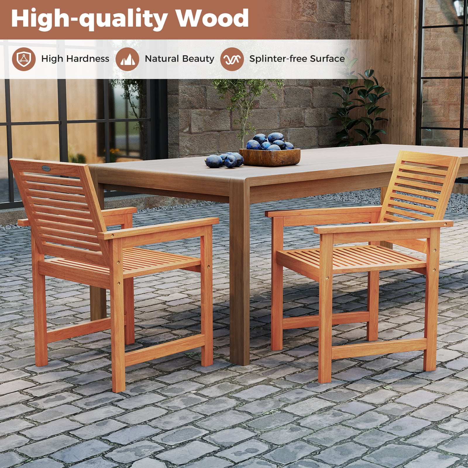 Gymax Patio Chairs Set of 2 Outdoor Wooden Dining Chairs w/ Inclined Backrests