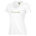 thumbnail image 2 of Women's  White Nazareth University Golden Flyers Script Logo Comfort Wash V-Neck T-Shirt, 2 of 3