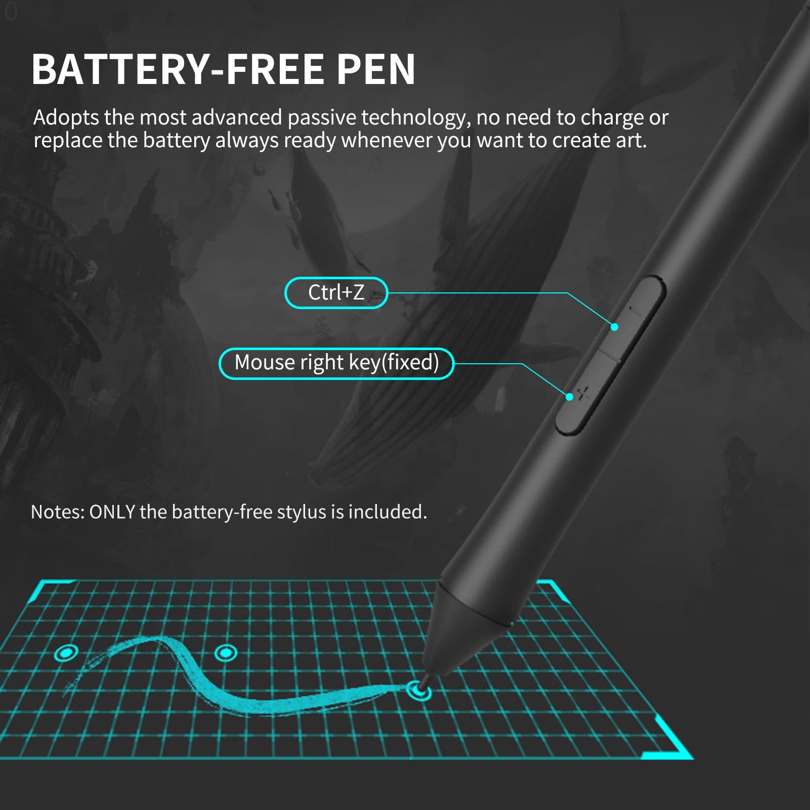 Battery-Free Stylus Pen with 8192 Pressure Levels and 2 Express Keys, Digital Drawing Pen for Graphic Tablets (7.9 x 2 in)