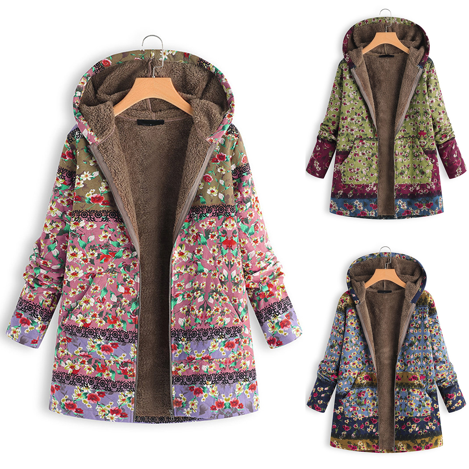 Women Winter Coat Floral Printed Hooded with Pockets Warm Fleece Button Coat Long Sleeve Jacket - image 3 of 8