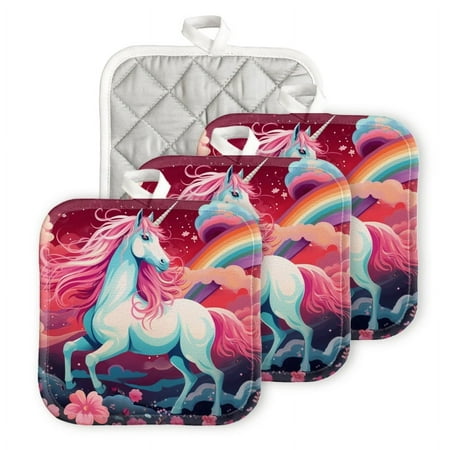 

BaHomeck Pot Holders 4pcs dacron Made Square heat-resisting mat Machine Washable for Kitchen Oven Hot Pads 6.7inch*6.7inch Beautiful Unicorn With Rainbow Mane And Tail