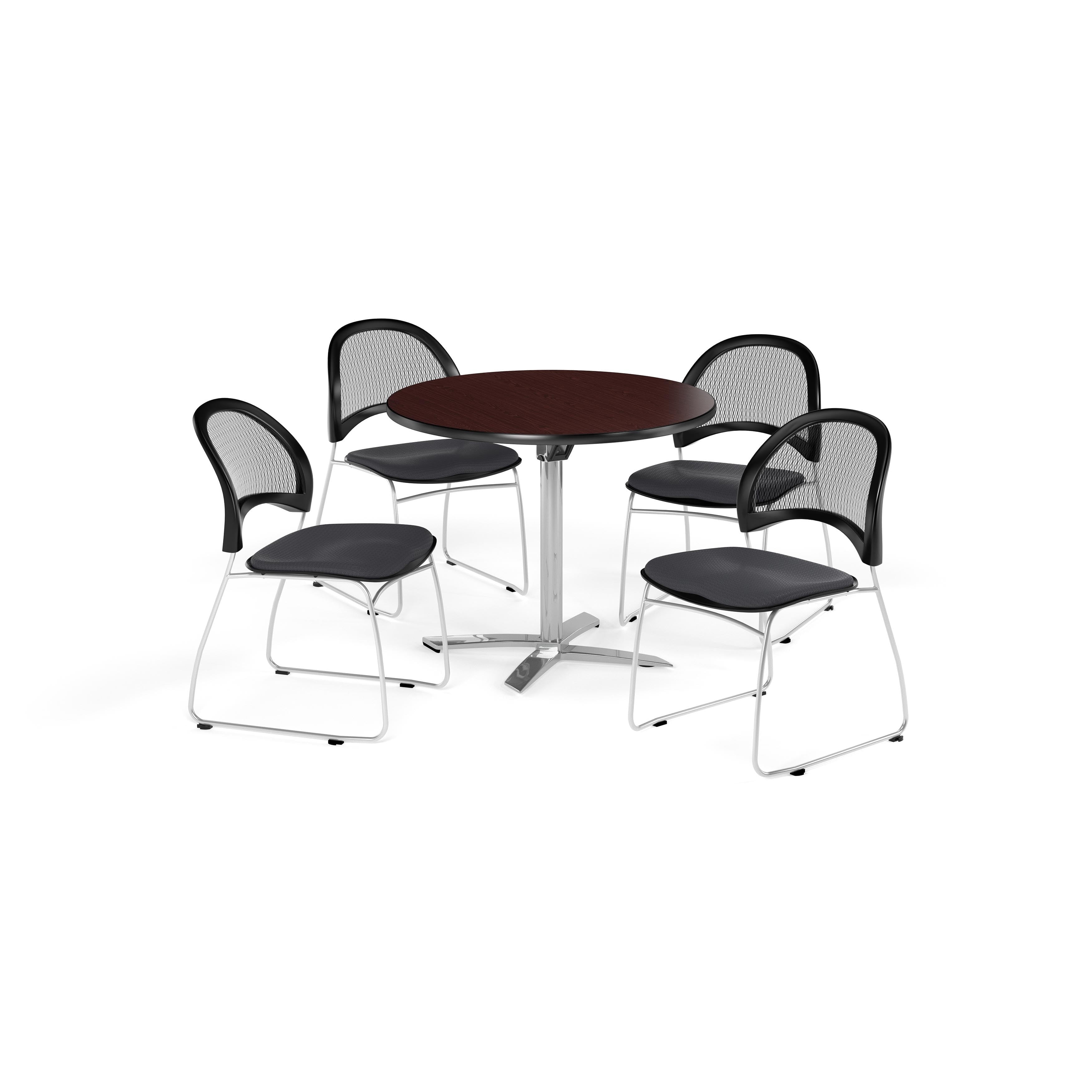 OFM Multi-Use Break Room Package, 42" Round Flip-Top Table with Moon Stack Chairs, Mahogany Finish with Lavender Seats (PKG-BRK-171)