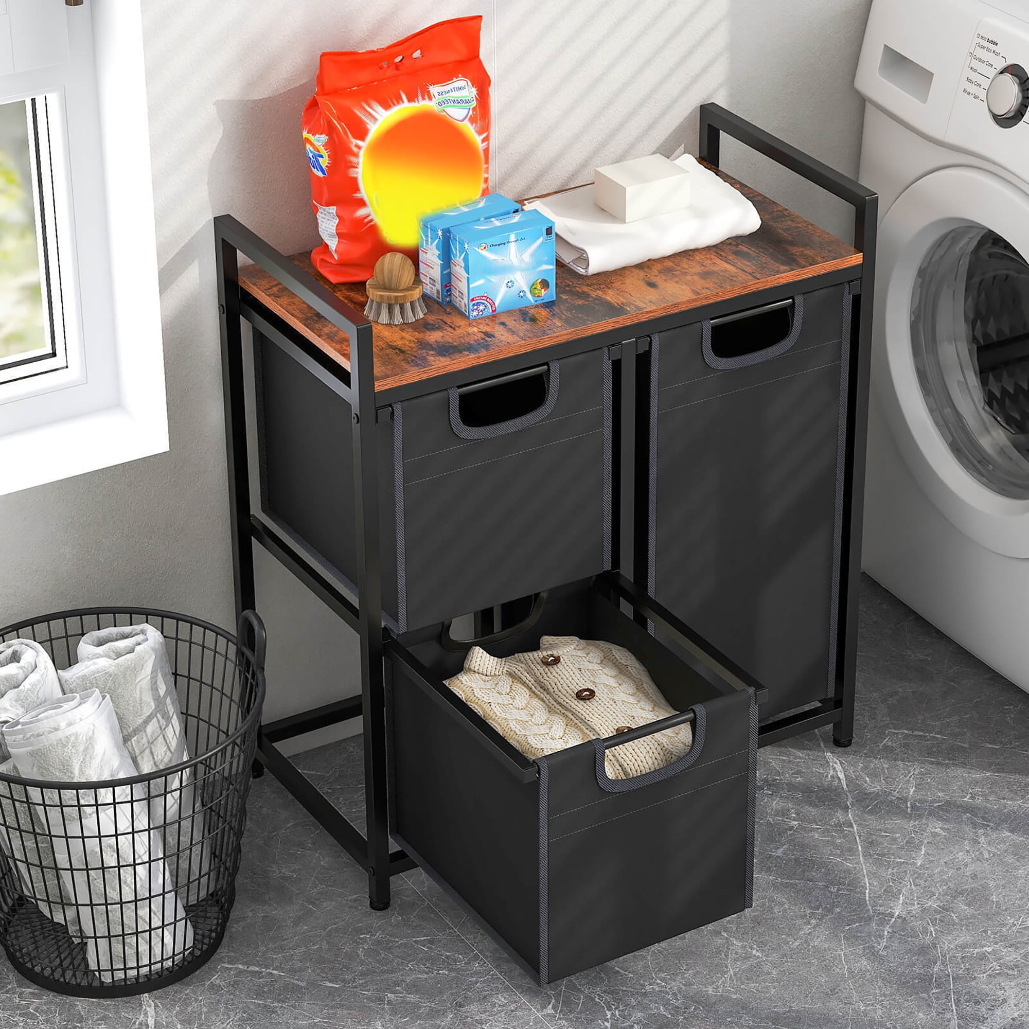 Gymax Freestanding Laundry Hamper Basket Organizer w/ 3 Pull-Out Removable Bags