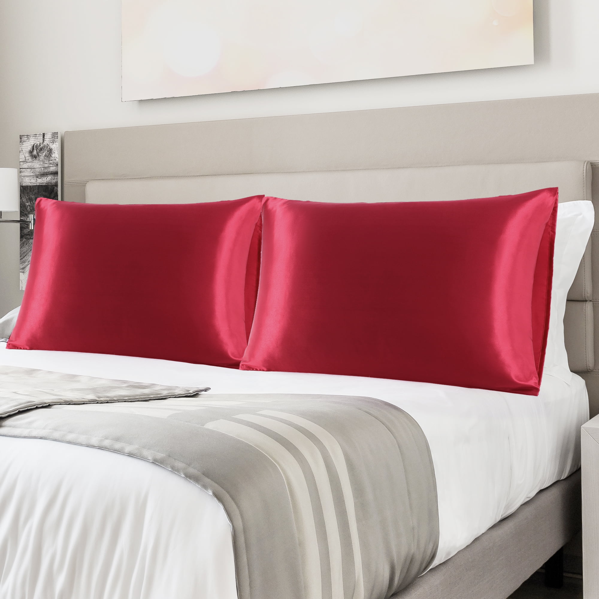 PiccoCasa Satin Pillowcases King Pillow Covers Set of 2, Burgundy