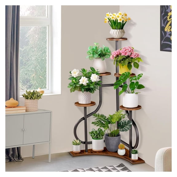 5-Tier Corner Plant Stand, Indoor Plant Stand with L-shaped Base, Aesthetic Metal Plants Shelf for Multiple Plants Flower Pot, MDF Outdoor Plant Holder for Patio Balcony (Rustic Brown)