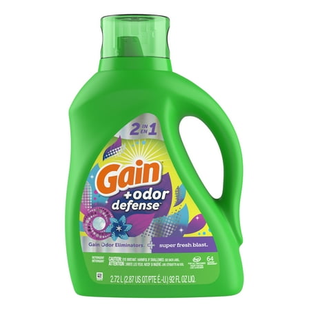Gain   Odor Defense Liquid Laundry Detergent, Super Fresh Blast, 92 fl oz, 64 Loads, HE Compatible