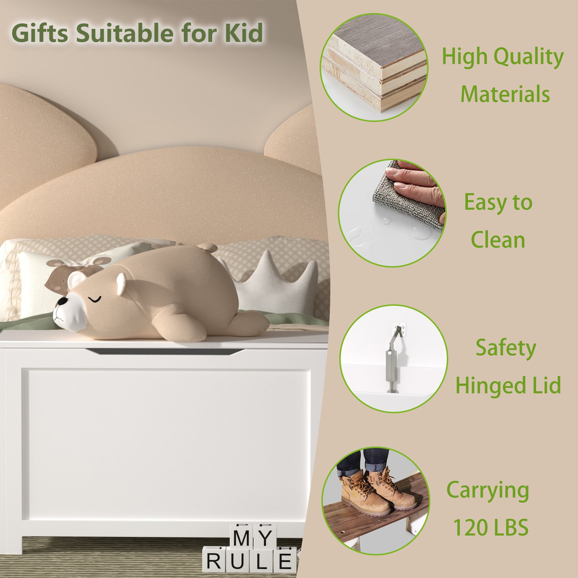 Miniyam Modern Wooden Toy Storage Box with Seating Bench for Kids, White