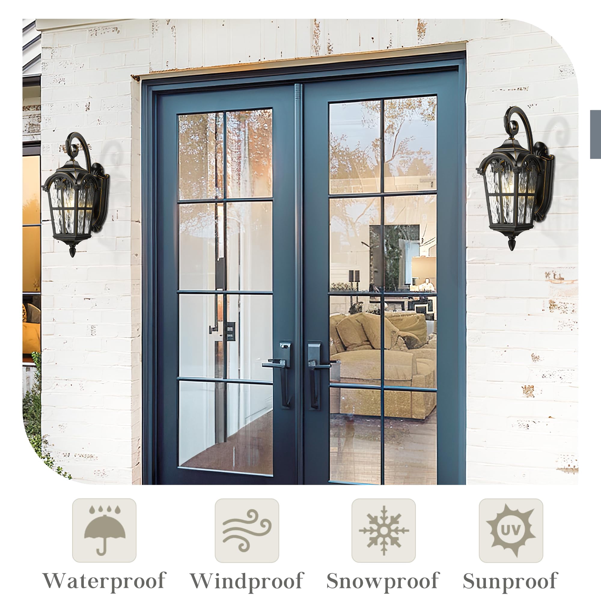 Emliviar Outdoor Light Wall Lantern with Water Ripple Glass, 17.5" Black Finish with Gold Edges, WE215B-SW BG